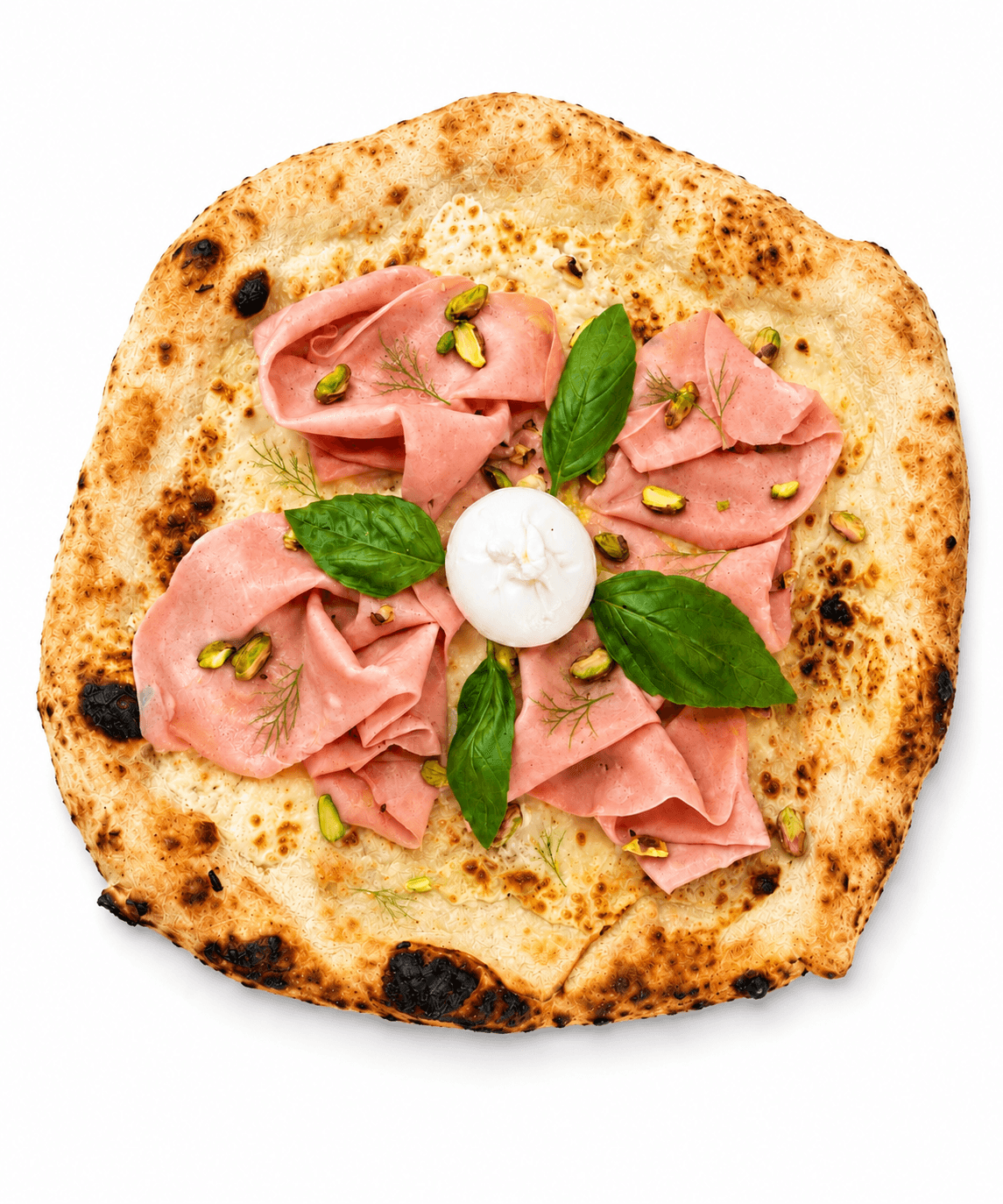 Pizza mit Mortadella, Burrata und Pistazien